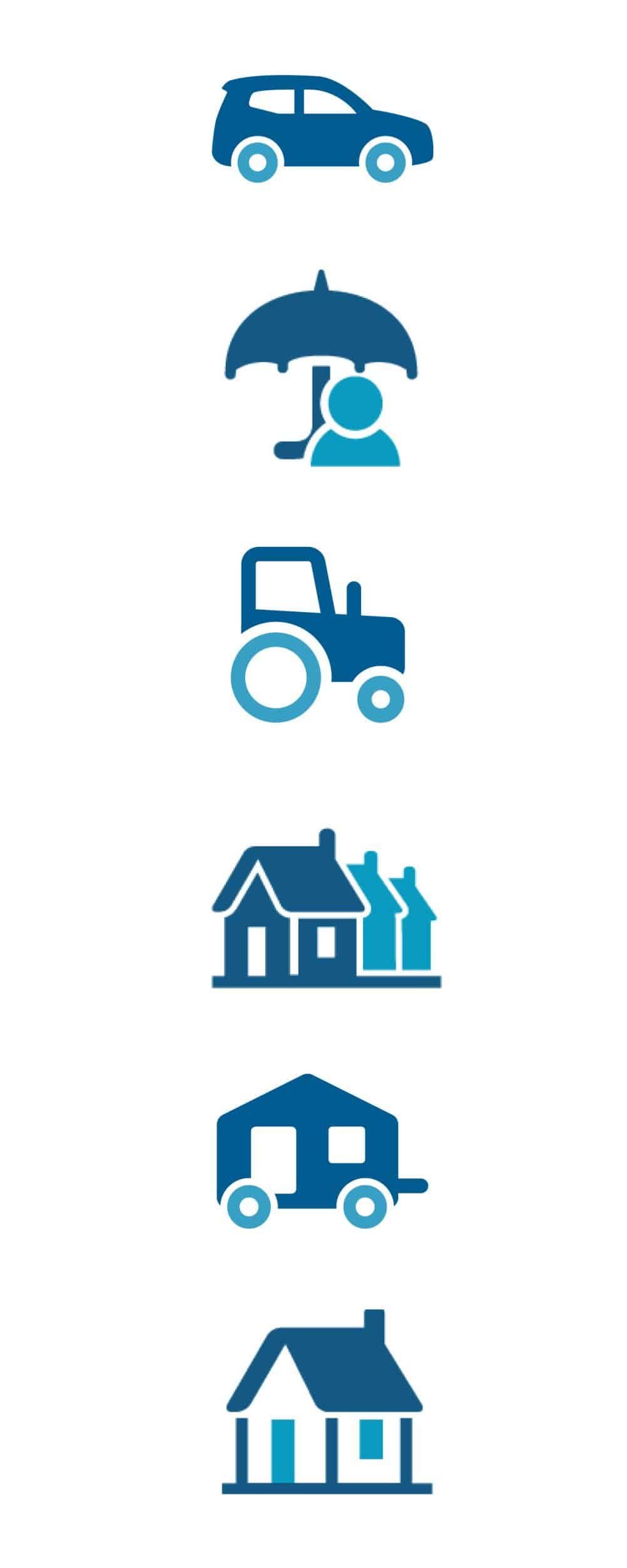 Product icons. Auto, umbrella, farm, rental property, mobile home, homeowners.