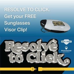 Resolve to Click image with sunglasses visor clip promotional item included in image.